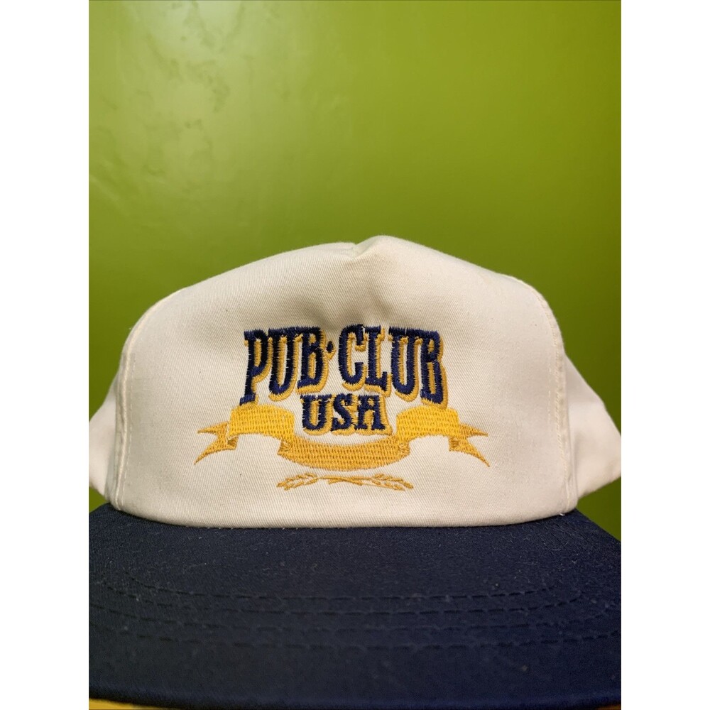 White Vintage Pub Club USA  SnapBack Blue Brim Vtg Drinking Baseball Cap